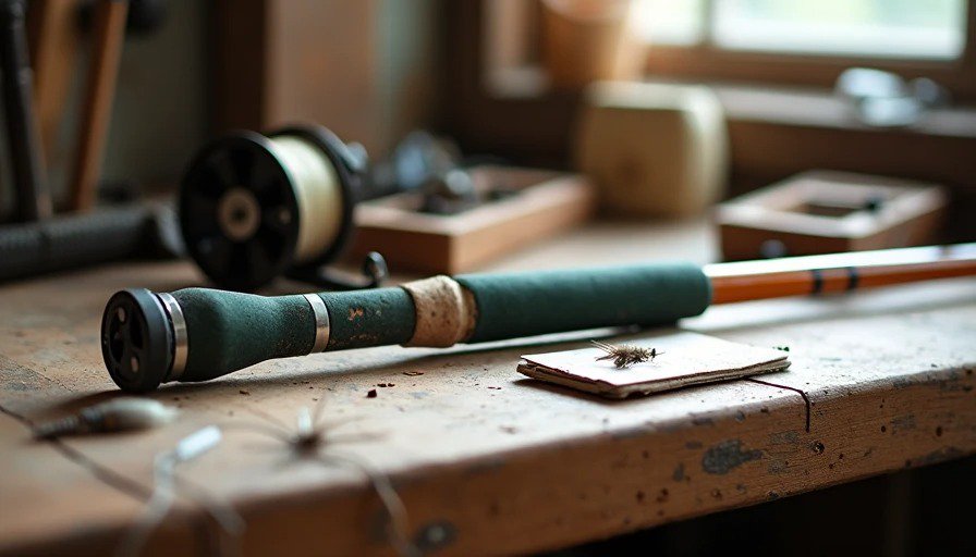 Realistic warm photo of a restored vintage fiberglass fly rod leaning against a workshop bench. The rod has a dark green cork grip, black aluminum reel seat, and nine guides with clean epoxy wraps. 