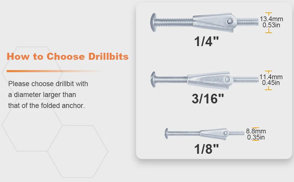 Size specs and drill bit selection guide for toggle anchors.